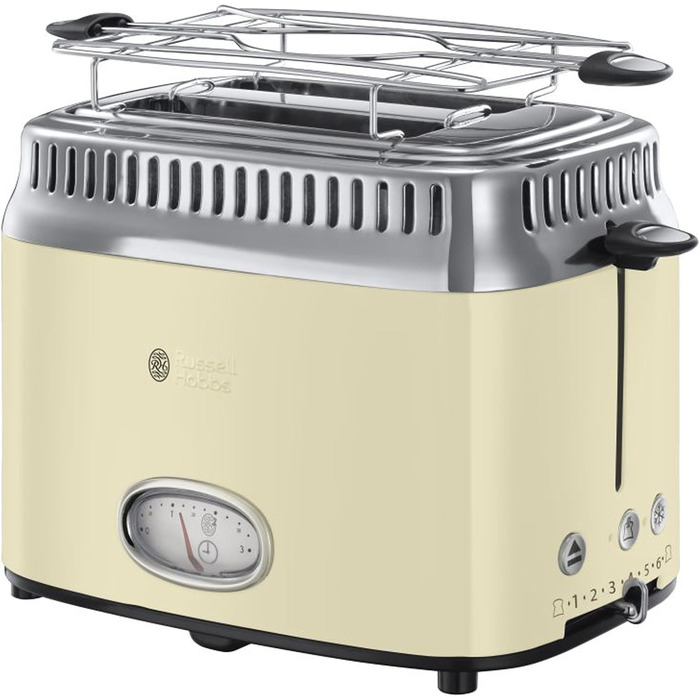 Russell Hobbs Toaster [for 2 slices] Retro Stainless Steel Cream (Retro-style countdown display, includes bun warmer, 6 browning levels + defrost & reheat function, 1300W) Vintage 21682-56