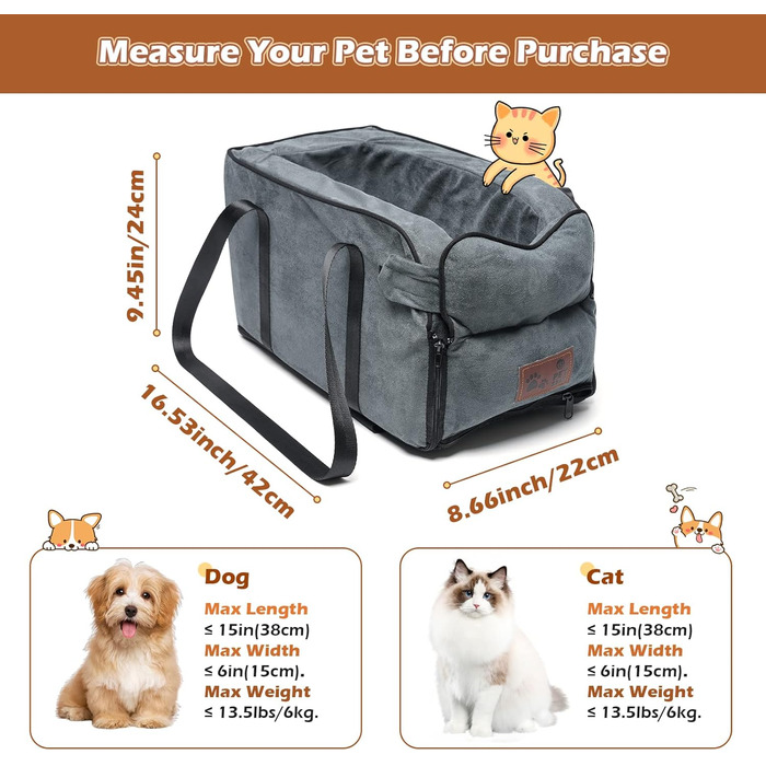 Автокрісло для собак та котів, до 6 кг, знімний та миючий чохол, для середньої консолі, замша