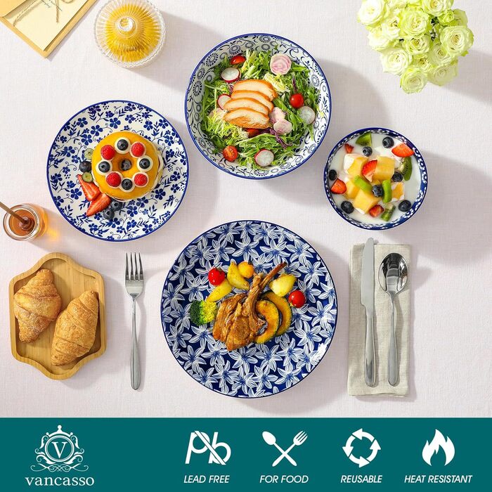 Набір посуду на 6 осіб Vancasso Selene 24 частини: тарілки, супові тарілки, салатники, миски. Керамічний сервіз з порцеляни, блакитно-білий.