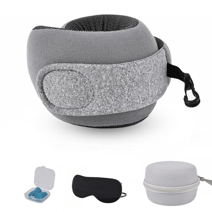 Подушка для подорожей під шию з ефектом пам'яті (Memory Foam) для літака та авто, сіра, з набором: беруші, маска для сну та сумка для зберігання