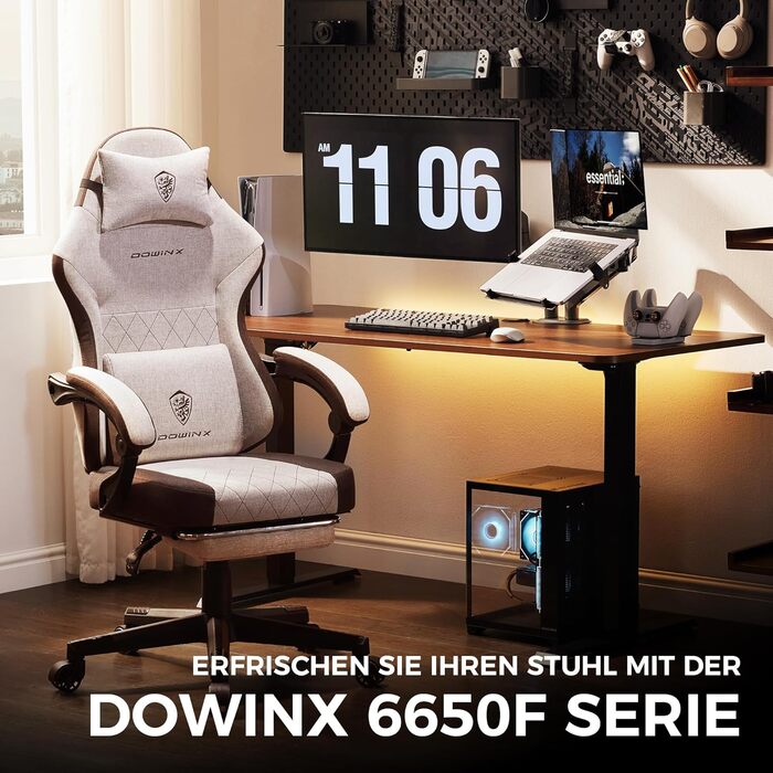 Ігровий крісло Dowinx з тканиною та пружинним сидінням, масажною підтримкою попереку, підніжкою для ніг, ергономічний дизайн, велике та високе, для офісу та ігор, 135 кг, коричневий