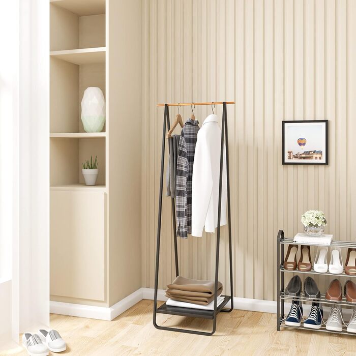 WOLTU Clothes Rack Black for Bedroom Wardrobe Clothes Rail Narrow Metal Clothes Rod with Metal Shelves approx. 54x45x141cm (WxDxH)