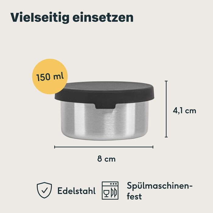 Small Stainless Steel Tins, 3-Piece Set with Lid - Leak-Proof Containers for Transporting Food, for Dips, Dressings, Nuts, Granola in Lunch Boxes