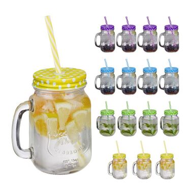 Relaxdays Set of 16 Colorful Drinking Glasses with Lids