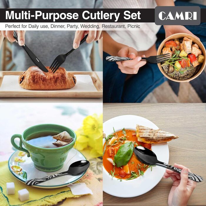 Набір столових приборів CAMRI – 16 предметів, нержавіюча сталь, набір для 4 осіб, легко миється (креузо-чорний візерунок)