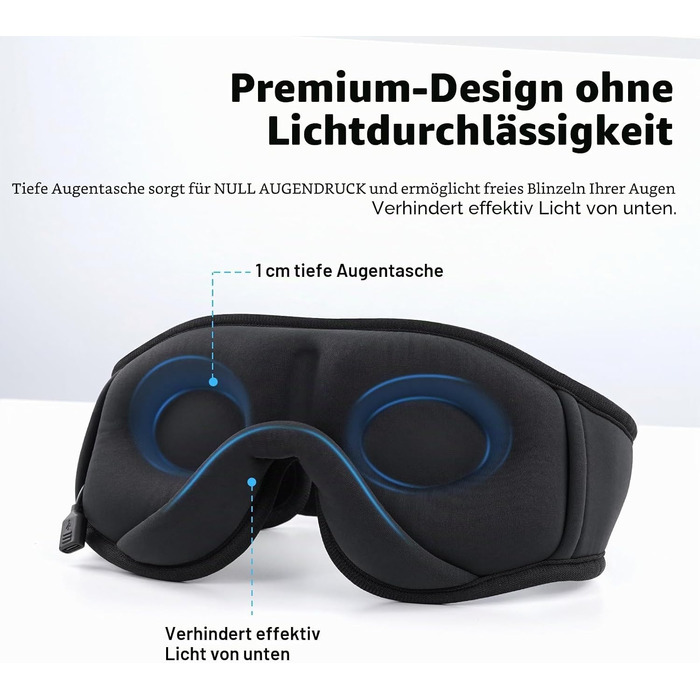 Маска для сну з Bluetooth навушниками 3D, бездротова маска для очей для комфортного сну на боці/спині, чорні навушники для сну