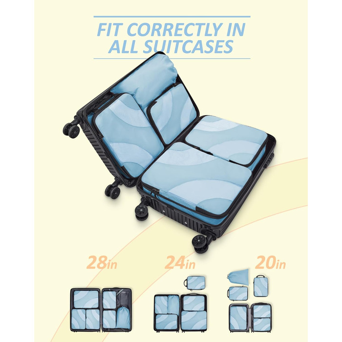 Органайзери для валізи BAGSMART компресійні (6 шт.), блакитний - набір кубиків для подорожей, органайзер для ручної поклажі