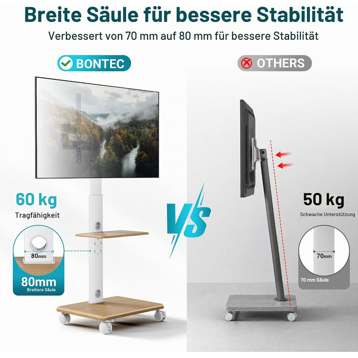 Мобільний стійка-підставка для ТБ BONTEC на колесах, 32-80 дюймів, дерев'яна основа, до 60 кг, білий