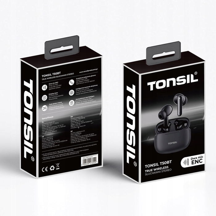Бездротові вакуумні навушники TONSIL T50BT, чорні, Bluetooth