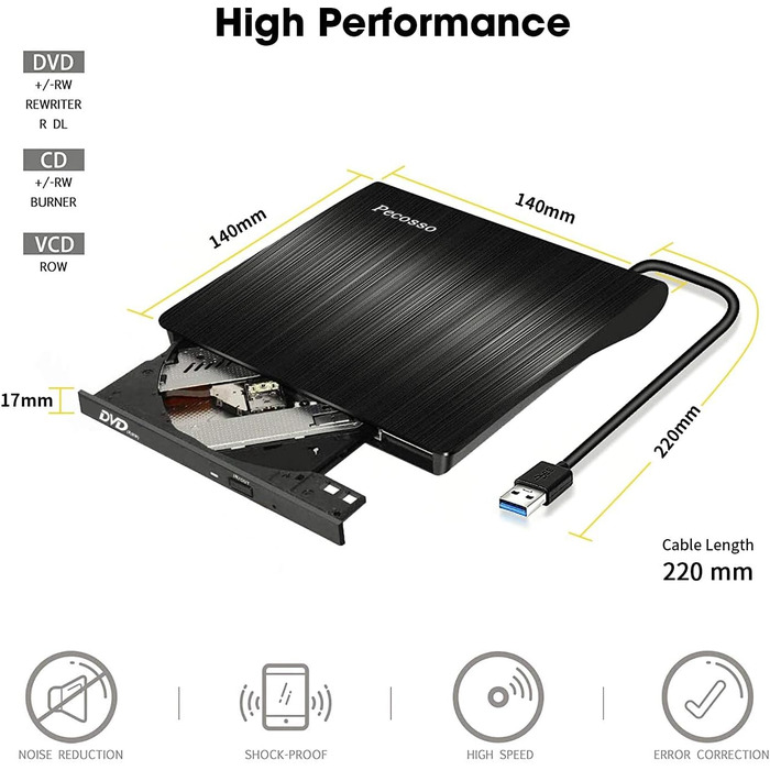 Зовнішній CD/DVD привід USB 3.0, портативний Slim RW записувач для ноутбуків та ПК (Windows, Mac OS, MacBook, iMac), чорний