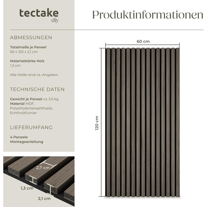 Акустичні панелі tectake® з імітацією дерева, сірий дуб (4 шт.) - для дому, декору та звукоізоляції