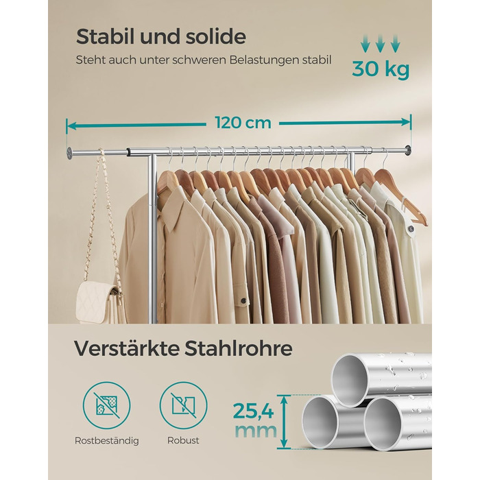 SONGMICS Clothes Rack with Wheels, Extendable Clothes Rod, Garment Rack Made of Steel Pipes, Elevated Storage Rod, 40 x (83-120) x 156 cm, Cloud White HSR134W01 (Silver)