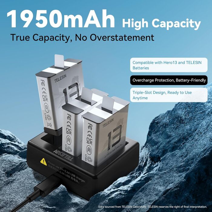 Зарядний пристрій та акумуляторна станція Telesin для GoPro Hero 13 Black з 3 каналами
