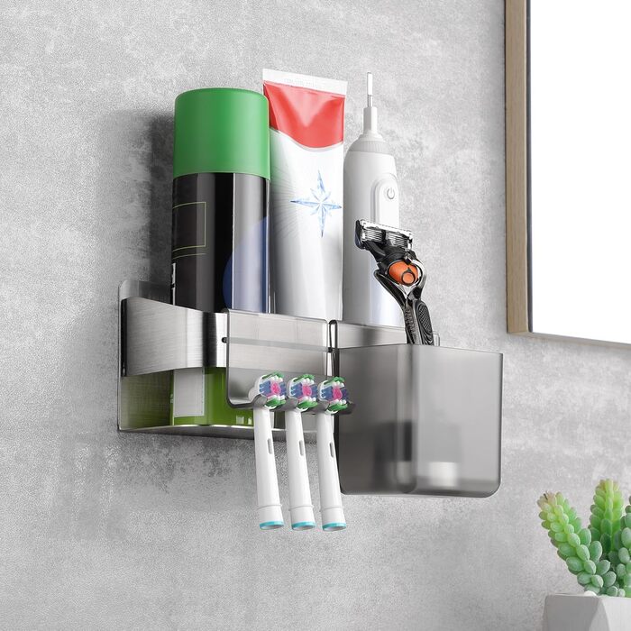 Тримач для електричної зубної щітки з аксесуарами для ванної кімнати, нержавіюча сталь, настінний, без свердління, сріблястий