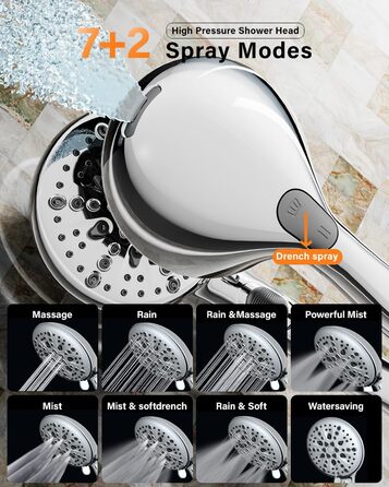 Cobbe Shower Head - Water-saving, pressure-boosting with stop function, handheld shower with 7+2 spray patterns, shower head with strong jet for cleaning bathtub made of ABS, Chrome