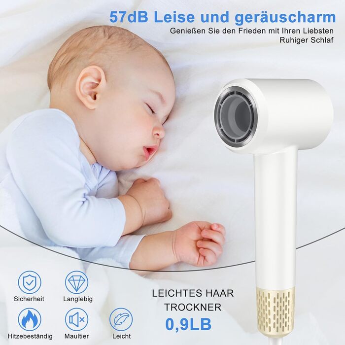 Супершвидкий фен Supersonic з іонізацією 200 млн негативних іонів, 110 000 обертів/хв безщітковий двигун, низький шум 57dB, інтелектуальний контроль температури для подорожей та дому (білий)