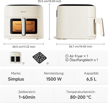 Аерофритюрниця SIMPLUS Airfryer XL 6.5 л з вікном та сенсорним керуванням, 1500 Вт, 10 програм, антипригарне покриття