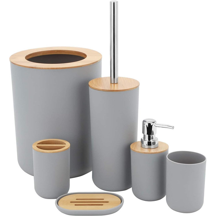 Набір для ванної кімнати MisFox з бамбука (6 шт): диспенсер для лосьйону, сміттєвий бак, тримач для зубних щіток, стаканчик, щітка для унітазу, мильниця (сірий)