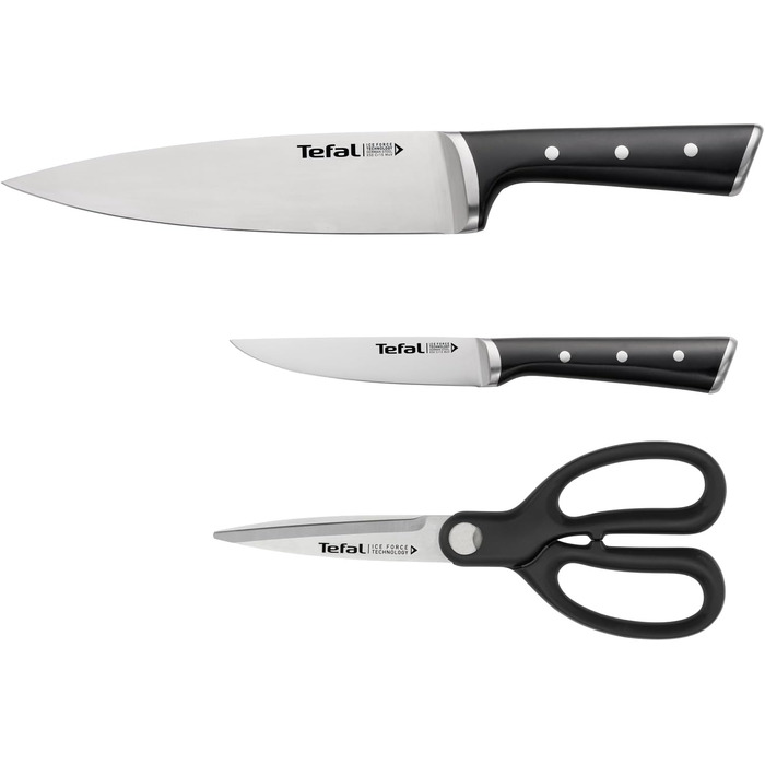 Набір ножів Tefal Ice Force 3 шт: Шеф-ніж 20 см, Сантоку 18 см, Універсальний ніж 11 см, нержавіюча сталь, чорний, K232S3