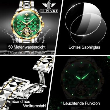 Годинник чоловічий OLEVS Automatik Skelett з автопідзаводом, механічний, люкс, з діамантами, сапфірове скло, водонепроникний, браслет з вольфрамової сталі (3186 Зелений/Золотий)