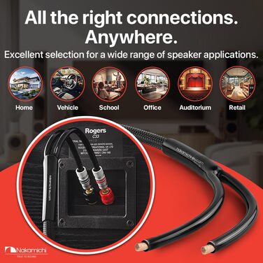 Акустичний кабель Nakamichi 14AWG з позолоченими банановими роз'ємами 24K, 3м, безкиснева мідь (OFC) в обплетенні, чорний