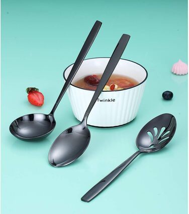 Berglander Black Silverware Serving Set, 10-Piece, Stainless Steel Cutlery Serving Set with Black Titanium Coating, Serving Spoon, Silver Serving Utensil, Rustproof, Lead-Free (10 Pieces)
