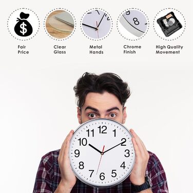 Plumeet Extra Large Silent Wall Clock, 40.6cm Soundless Non-Ticking Quality Black Quartz Wall Clock Decorative Home/Kitchen/Office/School Clock, Easy to Read (White) (Silver, 30 cm)