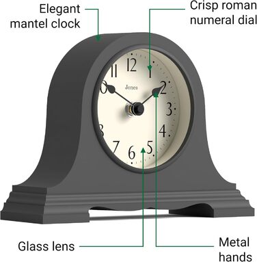 JONES CLOCKS® Speakeasy Table Clock | Classic Napoleon Hat Design | Dark Grey | Contemporary classic style for desk, table, shelf or bedside table