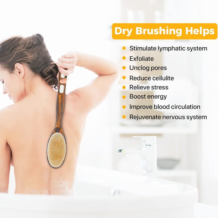 Набір з 2 шт. щітки для спини та душу з довгим руків'ям, для тіла, для пілінгу, натуральна щетина, видаляє омертвілу шкіру, зменшує целюліт, покращує лімфодренаж