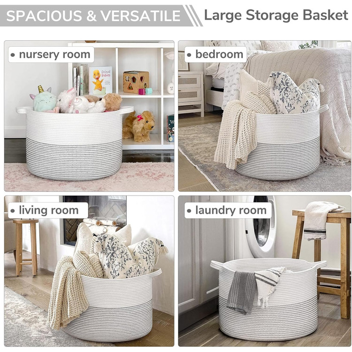 TIMEYARD XXL Large Laundry Basket, Storage Basket, Children's Laundry Basket, Storage Basket for Toys Cotton Rope, Basket with Handles for Blankets and Pillows, 55x35cm, White with