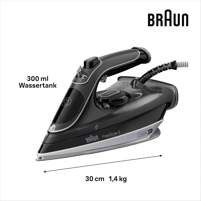 Відпарювач для одягу Braun FreeStyle 5 SI 5037 VI - потужний відпарювач з керамічною підошвою Freeglide 3D, вертикальним відпарюванням, 2700 Вт, 200 г/хв, резервуар 330 мл, чорний
