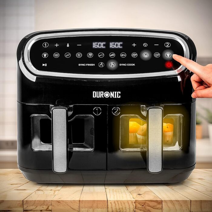 Duronic AF34 BK Hot Air Fryer, XXL Hot Air Fryer with 2 Chambers for Fries, Fryer HLF 10L Volume Airfryer, Air Fryer for Recipes Without Oil