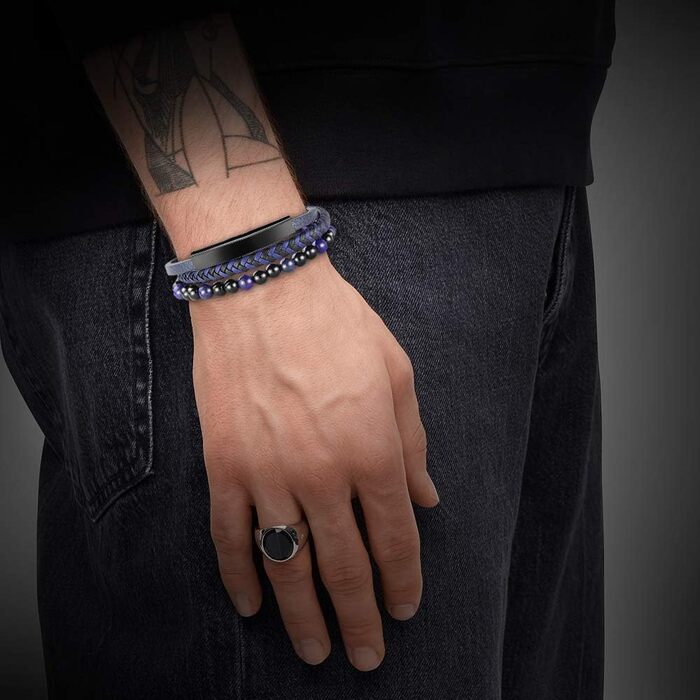 Чоловічий шкіряний браслет Casisto Lederarmband з гравіюванням, плетінка, магнітний замок (21 см, синьо-чорний)