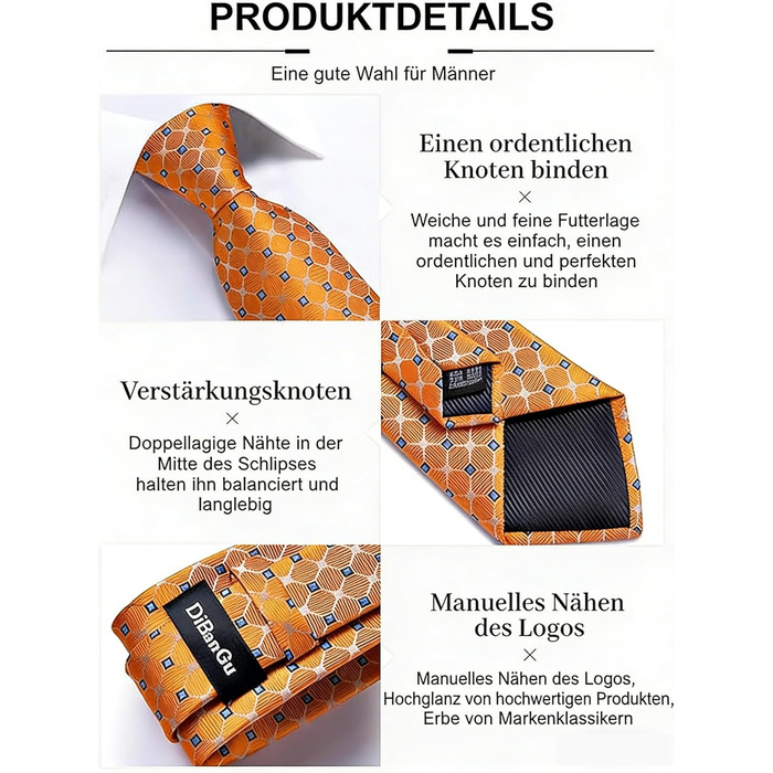 Набір краваток чоловічий DiBanGu з шовковими смугами та клітинкою, з кишеньковим хустинкою, затискачем та краватковою кліпсою для весілля та офіційних заходів (яскраво-помаранчевий)
