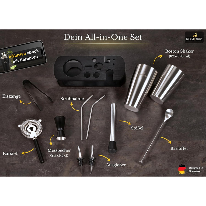 BARMINGO Stainless Steel Cocktail Set - 11 Piece Boston Shaker Set with Stand & Bar Accessories | Cocktail Shaker Set, Bartender Set, Bar Set | Black Silver