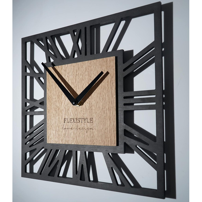 FLEXISTYLE Wall Clock No Ticking Sound Modern LOFT Piccolo Square 30cm Living Room Bathroom, z219n (Black Oak)