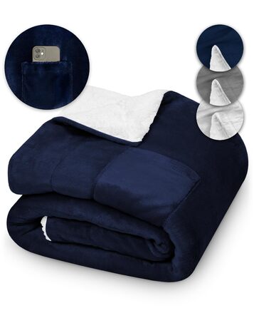 Пухова ковдра KAMI 150x200 см - тепла та м'яка ковдра з Sherpa для вітальні, дивану, ліжка. З кишенею для телефону та захистом від бруду. Велика, тепла зимова ковдра (Королівський синій)
