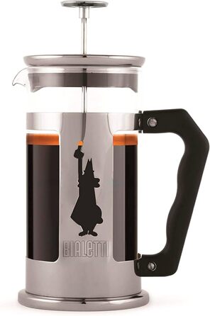 Bialetti Kaffeepresse Preziosa, French Press Filter for coffee or tea, housing made of stainless steel and container made of borosilicate glass, dishwasher safe, 1 Liter, 8 cups, Silver (350 ml (3 cups), Single)