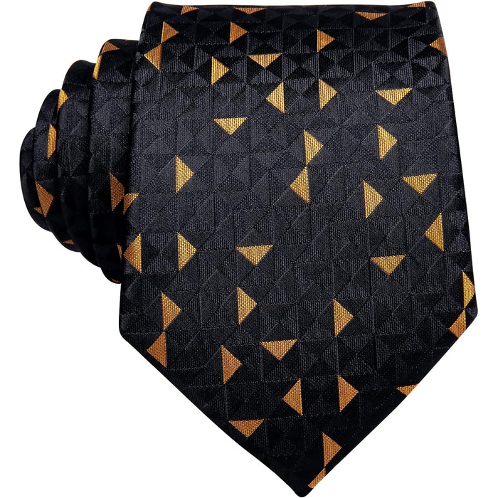 Чоловіча краватка Hi-Tie класична в клітку (чорно-золота) + запонки та нагрудна хустка - комплект