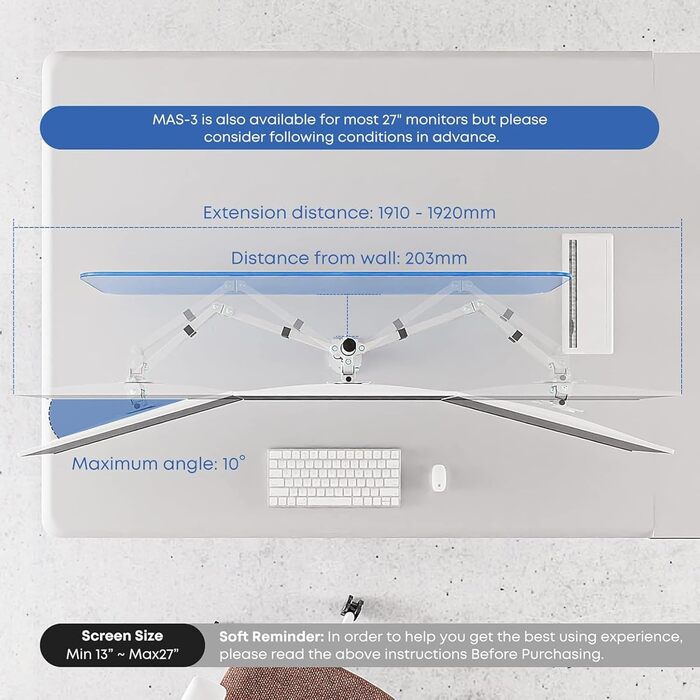 Підставка для монітора PUTORSEN на 3 монітори - сумісна з LCD/LED телевізорами 13'-27' (33-68см), вантажопідйомність 7 кг на монітор, регулювання на 180°, поворот 360°, регулювання висоти, білий колір
