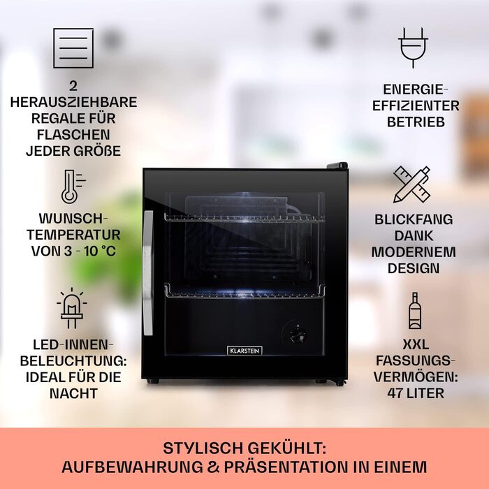 Міні-холодильник Klarstein з дверцятами зі скла, для кімнати, холодильник для напоїв, регульовані полиці, маленький 47 літрів, для приміщення/зовнішнього використання, тихий, 47 л, чорний