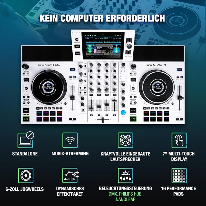 DENON DJ SC LIVE 4 - DJ контролер з розділенням на стеми, Wi-Fi, вбудовані колонки, сумісний з Serato DJ та Virtual DJ