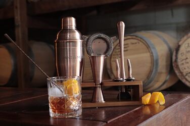 Набір для коктейлів Mint&Mortar 7 предметів з бамбуковим підставкою, з нержавіючої сталі, міксологія, барменський набір з барними інструментами для дому та професійного використання, ідеальний для Мартіні/Маргарити, 680 мл, міксер (Чорний) (Шліфоване мідь