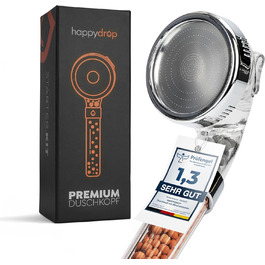 Premium showerhead with mineral stones from happydrop - The water-saving hand shower with pressure-increasing effect and 3 spray patterns