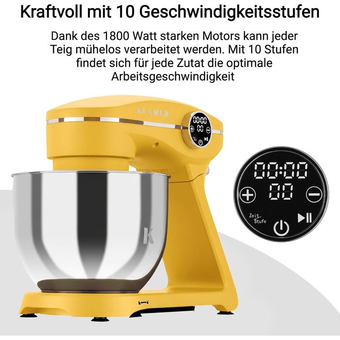 Кухонний комбайн KLAMER 1800W, планетарний міксер для тіста з чашею з нержавіючої сталі 6л (Premium Yellow)
