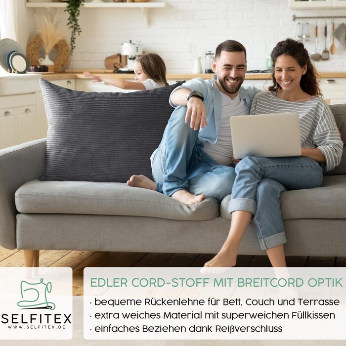 Подушка для дивана Selfitex XXL 60x80 см, антрацит, супер-м'яка з наповнювачем, велюровий чохол, декоративна велика подушка з широкого корду, сучасний дизайн