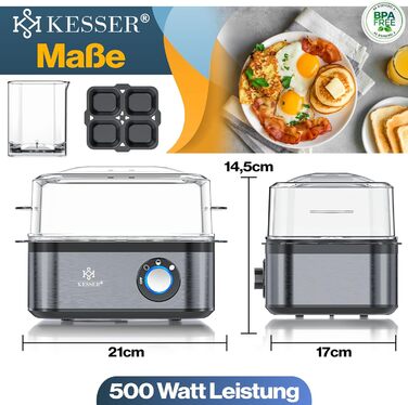 Електричний яйцеварка KESSER® на 1-8 яєць з нержавіючої сталі, 500W, з функцією підігріву, LED-регулятор, 3 ступені нагріву, BPA-Free, придатний для миття в посудомийній машині, мірний стакан, тримачі для яєць та форма для омлету, колір: антрацит