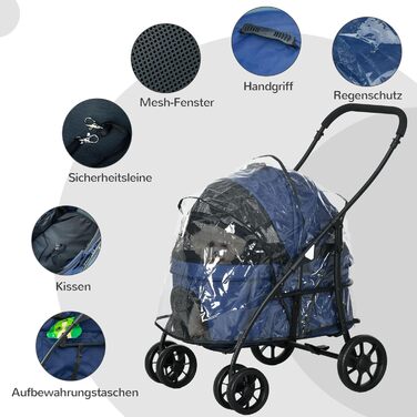 PawHut 2-в-1 візок для собак та котів з дощемiком, складний, з 2 повідками, для маленьких тварин, Оксфорд, темно-синій