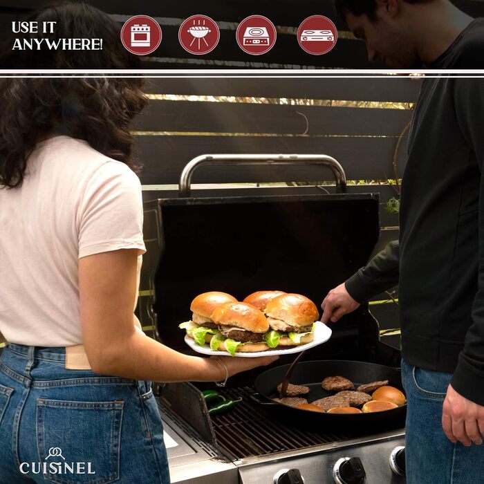 Набір сковорідок Cuisinel з чавуну, 15.2 см + 20.3 см + 25.4 см + 30.5 см + скляна кришка + силіконові ручки-тримачі – попередньо обпалена сковорода – посуд для приготування в духовці та на плиті, використання в приміщенні та на вулиці