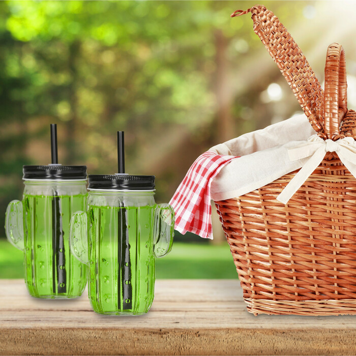 Relaxdays Set of 8 Cactus Drinking Glasses with Straws
